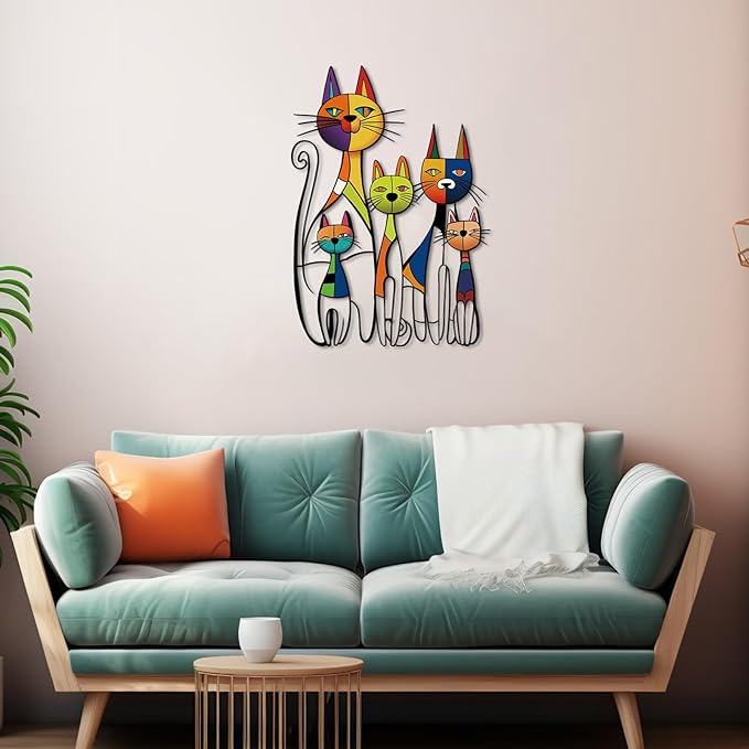 Wesiti Cat Wall Art Decor Iron Wall Sculptures Decor for Cats Lover 10.6 x 15.7 Inches Colorful Mid Century Cat Retro Signs for Home Living Room Bedroom Kitchen Office(Glamorous)