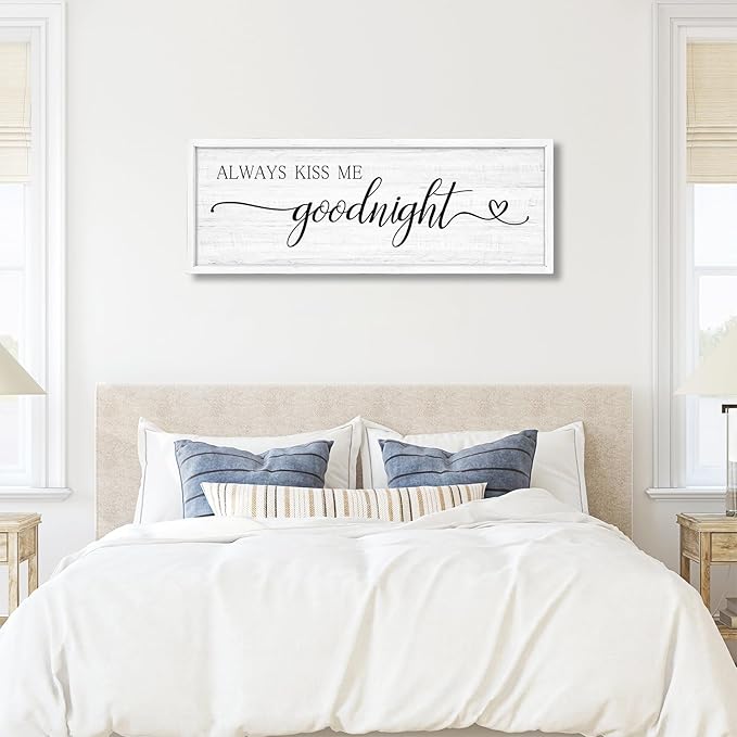 Always Kiss Me Goodnight Wall Sign Above Bed 41.3''×15'' Large Farmhouse Wall Decor for Bedroom Couples Room Decor Framed Wood Wall Art Rustic Master Bedroom Wall Decoration (white frame)