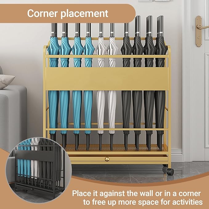 Metal Frame Commercial Umbrella Stand with Removable Drip Tray Large Capacity Heavy Duty Umbrella Holder with wheels for Entryway, Office(Gold,80 * 20 * 70CM/31.5 * 7.9 * 27.6IN)