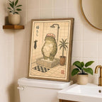 Funny Japanese Frog Bathroom Wall Art Whimsical Frog Shower Wall Decor 12x16 inch Wood Framed, Eclectic Japan Animal Bathroom Poster Painting Canvas Prints Aesthetics
