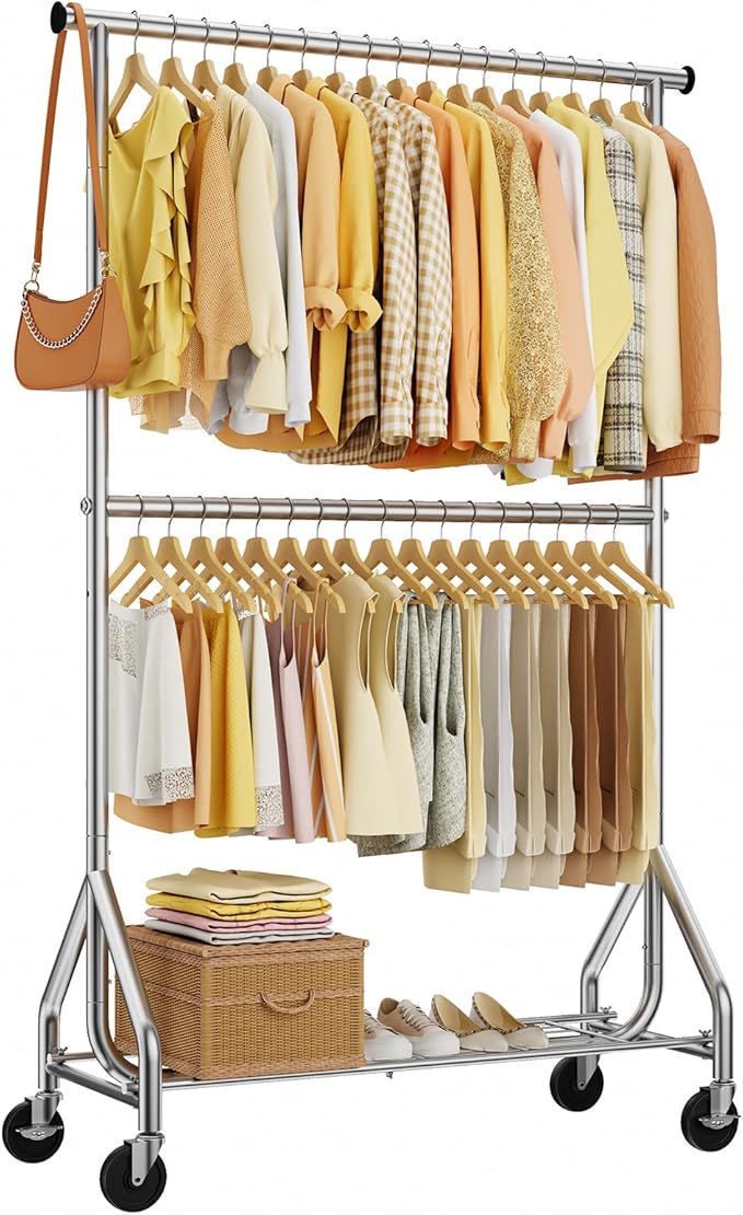 Heavy Duty Clothes Rack, Double Rod Clothing Rack for Hanging Clothes, Rolling Garment Rack, Adjustable Freestanding Wardrobe Closet Coat Rack for Bedroom Laundry Living Room, Silver