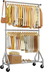 Heavy Duty Clothes Rack, Double Rod Clothing Rack for Hanging Clothes, Rolling Garment Rack, Adjustable Freestanding Wardrobe Closet Coat Rack for Bedroom Laundry Living Room, Silver