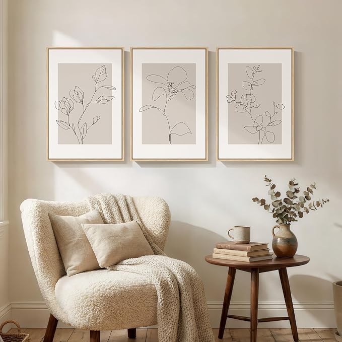 Framed Neutral Botanical Wall Art, 3 Piece Minimalist Contemporary Floral Canvas Prints Paintings, Modern Boho Beige Flower Line Pictures for Living Room Bedroom Office Dining Room Wall Decor 16x24 In