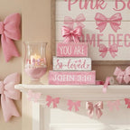 Lineshading 4 Pcs Pink Bow Decor Christian Table Decor Wooden Block Signs Set "you Are So Loved John 3: 16” Inspirational Bible Verse Quotes Coquette Bow Centerpieces for Home Office Shelf Decorations