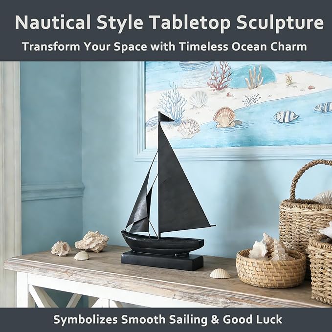 Retro Metal Sailboat Decor, Iron Nautical Sculpture for Home, Vintage Boat Figurine for Living Room Table, Office Desk, Bookshelf, Coastal Style Decoration (Dark Gray)