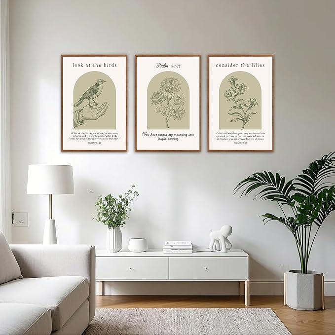 KAlRNE Sage Green Bible Verse Wall Art Set of 3(24”x36”),Framed Vintage Scripture Prints,Religious Birds and Lilies Decor,Green Christian Gallery Artwork for Living Room Bedroom Office