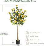Bellacat 5ft Artificial Camellia Tree with Silk Orange Flowers, 60in Faux Camellia Plant with Lifelike Trunk, Fake Flower Tree Potted Front Door Plants for Porch Patio Deck Living Room Decor, 2Pack