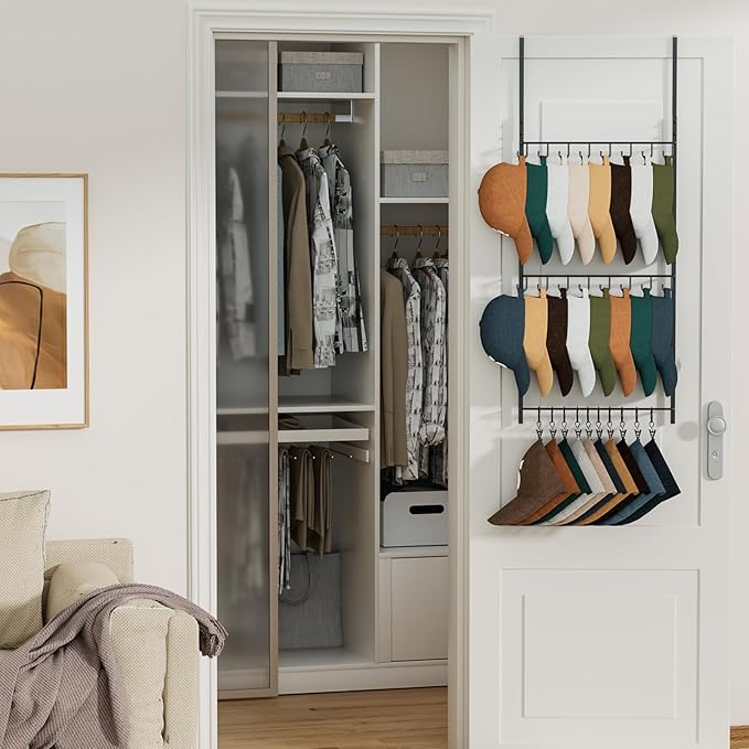HapiRm Over Door Hat Rack - 3 Tier Wall Mounted Hat Organizer with 16 Hooks and 10 Movable Clips, Baseball Cap Organizer Storage Holds up to 26 Caps for Door, Bedroom, Closet USPTO Patent Pending