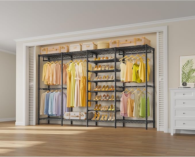 VIPEK S4 Heavy Duty Clothes Rack with Shoe Shelves Freestanding Clothing Rack with 6-Tier Shoe Rack, 4 Hanging Rod, Adjustable Shelf, Walk in Closet Organizer Garment Rack, Black