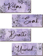 ONIZHITY 4-Piece Purple Floral Wall Art - Wooden Decor with Relax Soak Unwind Breathe Positive Hanging Art for Women's Bedroom & Living Room (10x4 Inches)