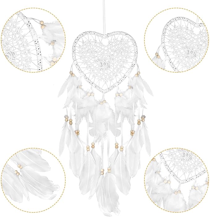 Dream Catcher,Lovely Heart Shape Dreamcatcher Handmade Lace Dream Catcher Feather Bead Wall Hanging Boho Woven Art Ornament Gift Craft Dreamcatcher Wind Chimes for Home Children Bedroom Decor (White)