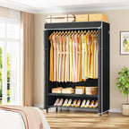 H5C Plus Clothes Rack with Cover, Portable Closet for Hanging Clothes, Covered Clothing Racks Heavy Duty, 3-Tiers Garment Rack with Shelves Max Load 370LBS Black Closet Rack with Black Cover