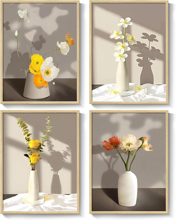 Framed Botanical Floral Wall Art, 4 Piece Yellow Flower Canvas Painting Prints Artwork for Walls, Modern Elegant Pictures for Living Room Bedroom Kitchen Hallway Dining Room Home Decor, 12x16 Inch