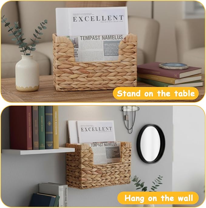 Woven Hanging Magazine Holder Water Hyacinth Magazine Basket Wall Mounted Woven Mail Organizer Wicker Storage Box with Handle Newspaper Rack Decorative for Home Office