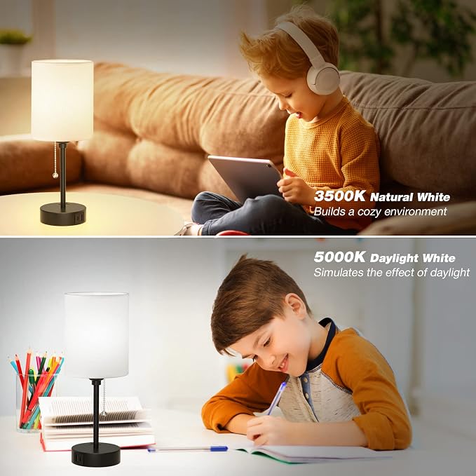 Bedside Table lamp for Bedroom Set of 2 - 3 Color Temperatures Small Lamps with USB C and A Ports, Pull Chain Table Lamps with AC Outlet, White Nightstand Lamps with Black Metal Base for Kids Reading