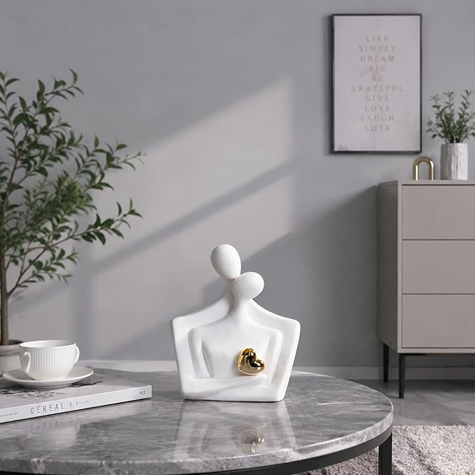 Ceramic Hugging Couple Statue with Gold Heart - Lover Figurine Home Decor Aesthetic, Romantic Gift for Her on Wedding Anniversaries and Valentine's Day Decor for Living Room Bedroom Shelf