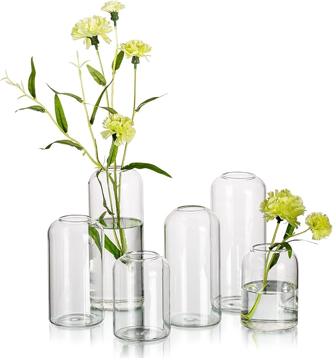 Hewory Glass Clear Modern Vase, Set of 6 - Small Bud Vases for Flowers, Elegant Home Decor Floral Arrangements, Wedding Party Events Centerpieces