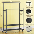 Clothes Rack with Double Rod for Hanging, Heavy Duty Clothing Rack Load 350 LBS with Lockable Wheel, Free Standing Garment Rack with 2 Shelves and Side Hooks for Home Commercial (Dark Grey)