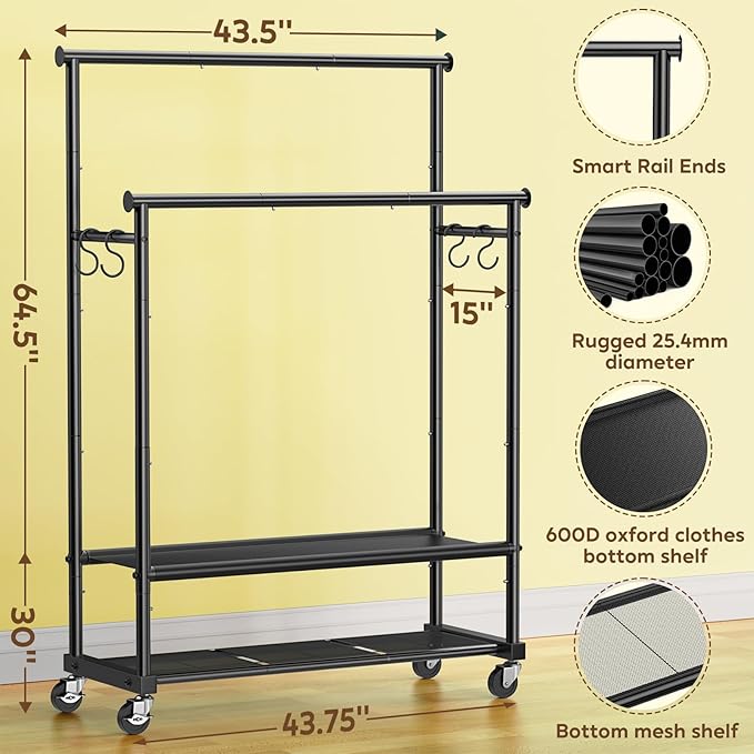 Clothes Rack with Double Rod for Hanging, Heavy Duty Clothing Rack Load 350 LBS with Lockable Wheel, Free Standing Garment Rack with 2 Shelves and Side Hooks for Home Commercial (Dark Grey)