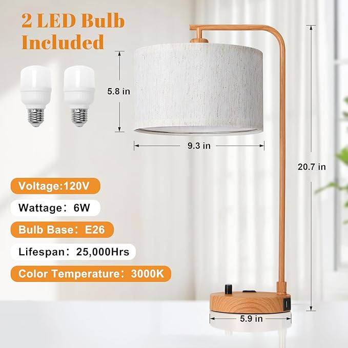 Innqoo Bedside Table Lamps for Bedroom Set of 2-Dimmable Nightstand Lamps with USB Port and Outlet,Modern Wood Lamps with Linen Shade,Tall Desk Lamps for Home Office Bedroom Living Room End Table