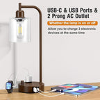 Innqoo Industrial Table Lamps for Bedrooms Set of 2 - Fully Dimmable Bedside Lamps with USB Ports and Outlet, Brown Nightstand Lamps with Glass Shade for Living Room, Desk Lamps for Office Reading