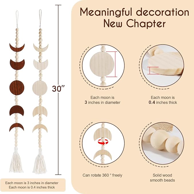 Moon Phase Wall Hanging Wood Beaded with Tassel,Phases of The Moon,Boho Home Decor for Living Room Bedroom Office(Brown)