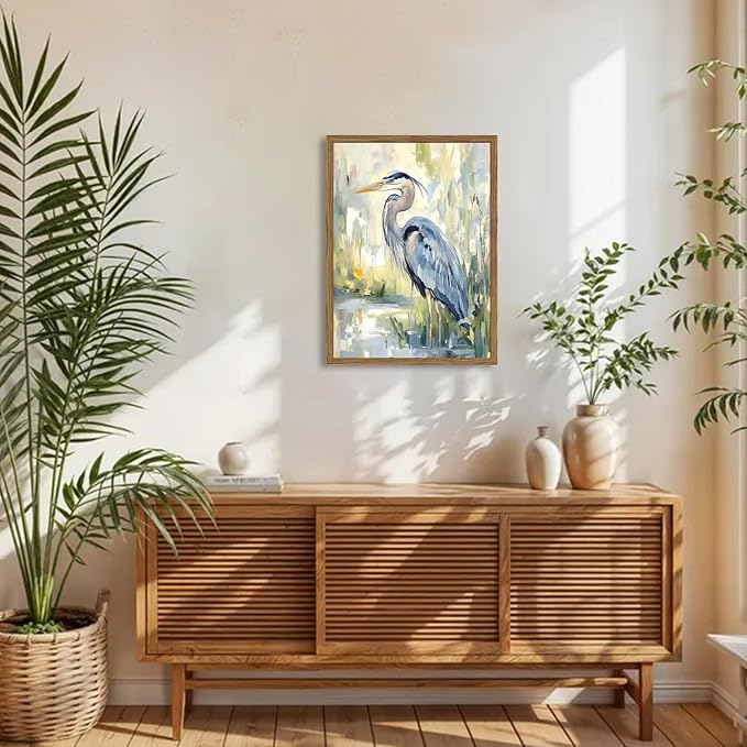 Framed Blue Heron Wall Art, Watercolor Sea Bird Pictures Wall Decor, Coastal Nature Wildlife Animal Paintings Canvas Prints for Living Room Bedroom Bathroom Office Home Decor 12x16 inch