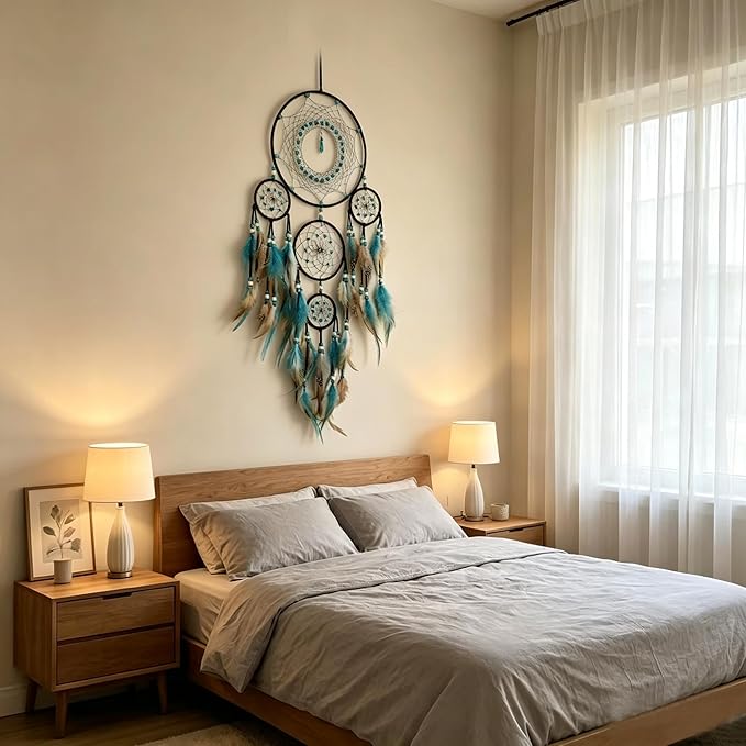 Bohemian 5 Rings Turquoise Dream Catchers with Turquoise Pendant Handmade Native American Style Wall Hanging Decor for Bedroom, Living Room, Boho Home Decor & Gift(Black 5 Rings)