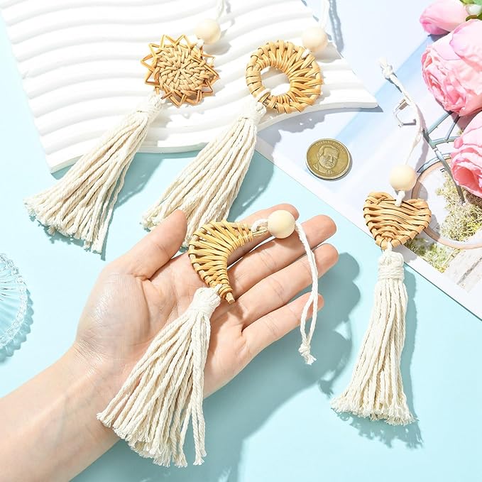 LiQunSweet Handmade Rattan Weave Cotton Rope Tassel, 4Pcs, 25x4.5cm, for Bag Charms, Keychains, Home Decor & Craft Projects