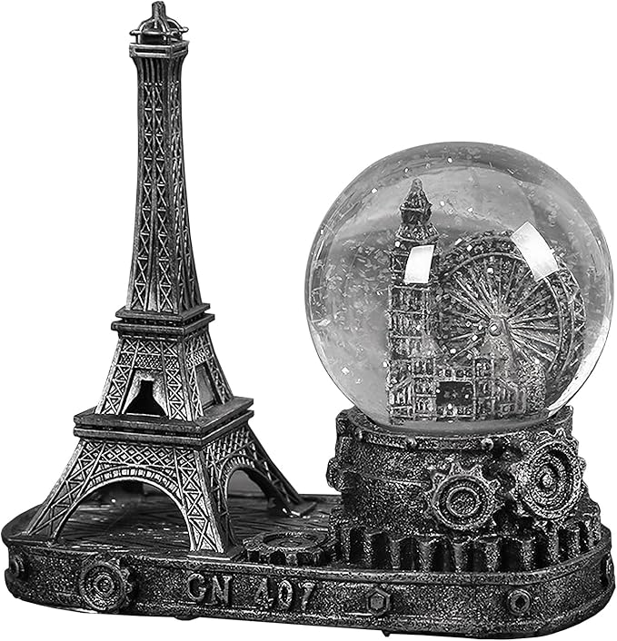 Eiffel Tower Snow Globe LED Music Crystal London Eye Ferris Wheel Home Decoration for Living Room Bedroom Book Shelf TV Cabinet Desktop Decor Statue Figurine Table Centerpieces Ornaments (B, Silver)