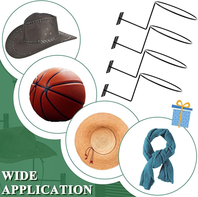 Pack of 4 Metal Hat Holder Wall Mounted Cowboy Hat Rack Hat Hanger for Wall Display, Cowboy Hat Holder Organizer Multifunctional Organizer Display Rack for Cowboy Hat, Cap, Wigs (Black)