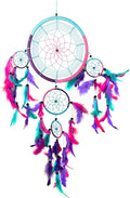 OMA Dream Catcher - Hand Made Traditional Tie Dye Colors Turquoise, Pink & Purple Feathers - 9" Diameter & 30" Long