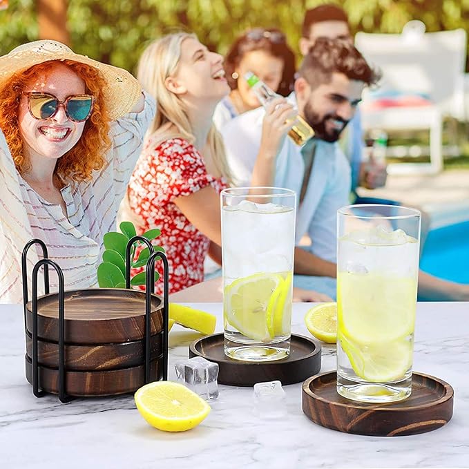 6Pcs Wooden Coasters for Drink-Acacia Wood Drink Coasters Set with Holder for Coffee Table Decor,Modern Cup Coaster for Kitchen Accessories Cute Beer Bar Decorative Rustic Outdoor Coasters