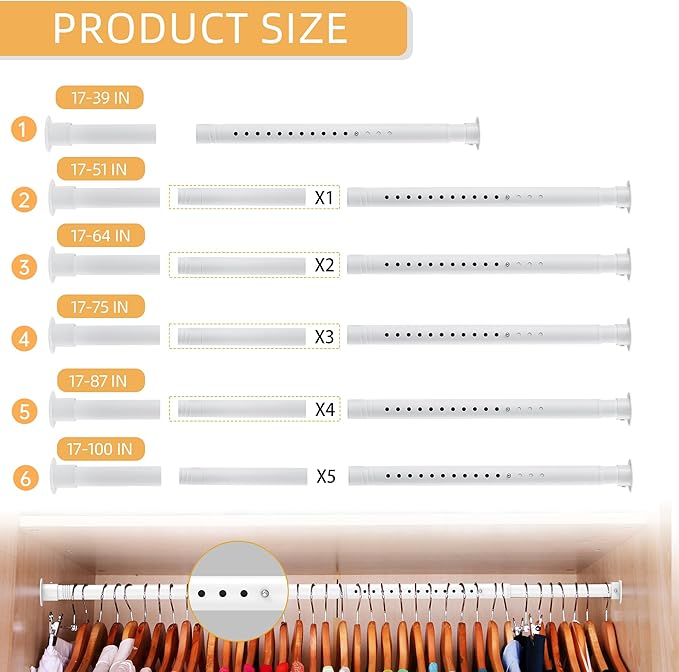 1.3 Inch Diameter Closet Rods for Hanging Clothes, Metal Heavy Duty Closet Rod 17-64 Inch Adjustable, White Closet Bar for Hanging Clothes, Suitable for Closet, Wardrobes, Bathroom, Windows