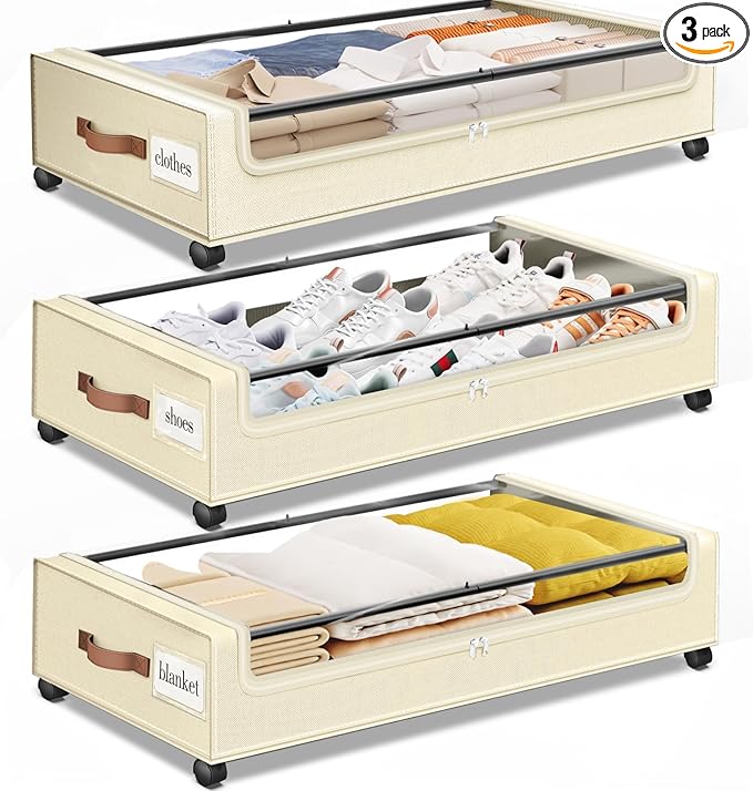 Under Bed Storage with Wheels 3Pack Underbed Storage with Clear Window&Label Under Bed Drawers Large Capacity Rolling Under Bed Storage for Clothes,Shoes, Blankets (Beige)
