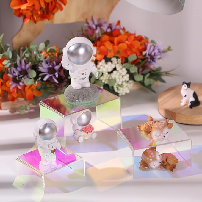 Chuangdi 2 Sets Acrylic Display Risers, Product Stand, Jewelry Display Riser Shelf Showcase Fixtures for Dessert Cupcake Candy Figure Treat Action Showcase(Rainbow Color,Small Set)