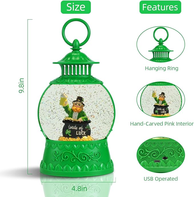 St Patricks Day Snow Globe Decor,St Patricks Day Light Up Snow Globe 6H Timer, USB/Battery Operated,St Patricks Day Home Party Decor