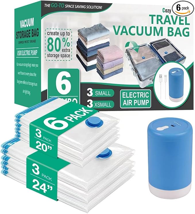 Cozy Essential Travel Vacuum Storage Bags with Rechargeable Cordless Electric Pump, Space Saver Bags for Luggage, Suitcase, Carry-On, for Clothes, Blankets, Comforters, Pillows, 6 Combo