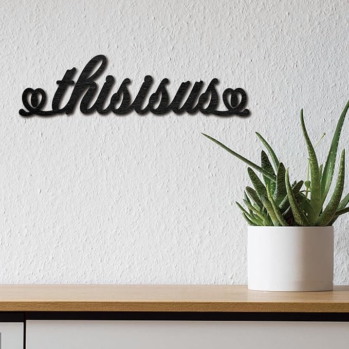 CREATCABIN This is Us Laser Cut Wood Letter Sign Black Wall Decor Cutouts Unfinished Wooden Signs Wall Art Basswood Hanging Sculpture Decoration for Painting Crafts DIY Home Bedroom 11.9x3.1Inch