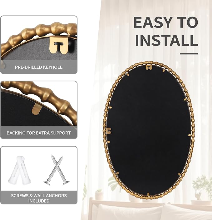 24x36 Inch Oval Wall Mirror with Antique Gold Beaded Frame, Vertical or Horizontal Hanging Vanity Mirror for Bathroom, Powder Room or Bedroom, Decorative Oval Mirror Wall Decor