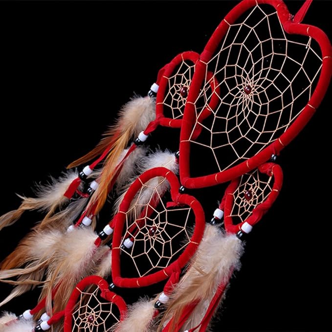 Large Handmade Dream Catcher Traditional Dreamcatcher Feather Wall Hanging Decoration Ornaments Five Hearts Red