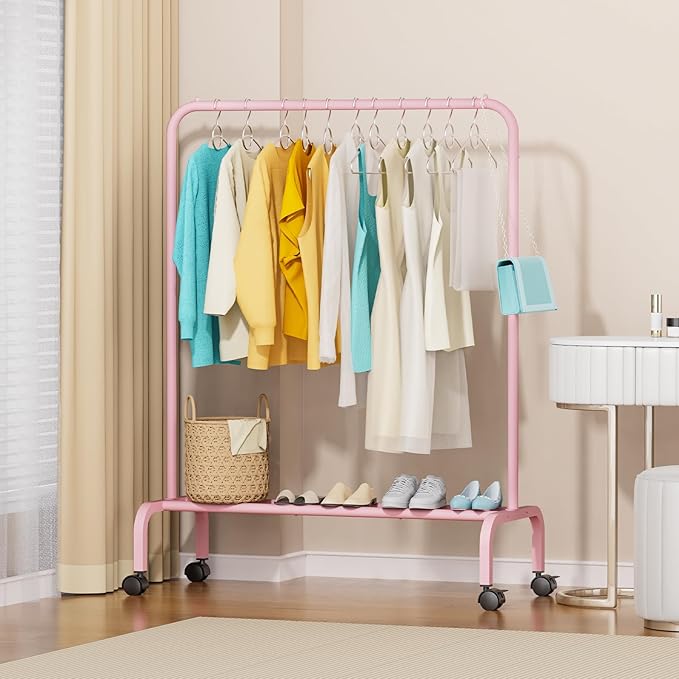 Rolling Clothing Racks for Hanging Clothes, Garment Rack for Clothes to Hang, Metal Portable Wardrobe Rack for Coats, Jackets, Shirts, Dress,Pink