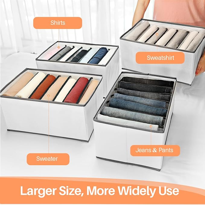 2 Pack Wardrobe Closet Organizer and Storage for Clothes - 7 Grids Foldable Drawer Dividers Organizers for Jeans | Pants | Shirts | Leggings, Stackable Clothing Bins for Closets Organization