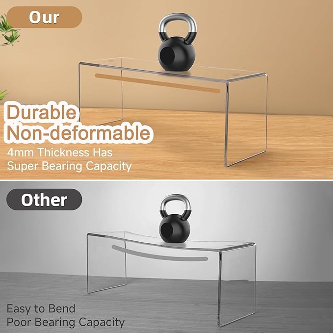 MerryNine Acrylic Risers Display Stands, 8 Pcs 2 Set Clear Acrylic Shelves, Plastic Display Risers for Retail, Vinyl Figures, Cupcake, Jewelry, Dessert Display, No Assembly, Scratch-Resistant (Rectangular-4mm-8pcs)