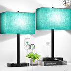 Lynnoland 21" Set of 2 Table lamp with USB A+C & AC Outlets, Touch Control 3-Way Dimmable Nightstand Lamps for Bedroom Living Room Office Reading, Green Shade Touch Lamps, 5000K LED Bulbs Included