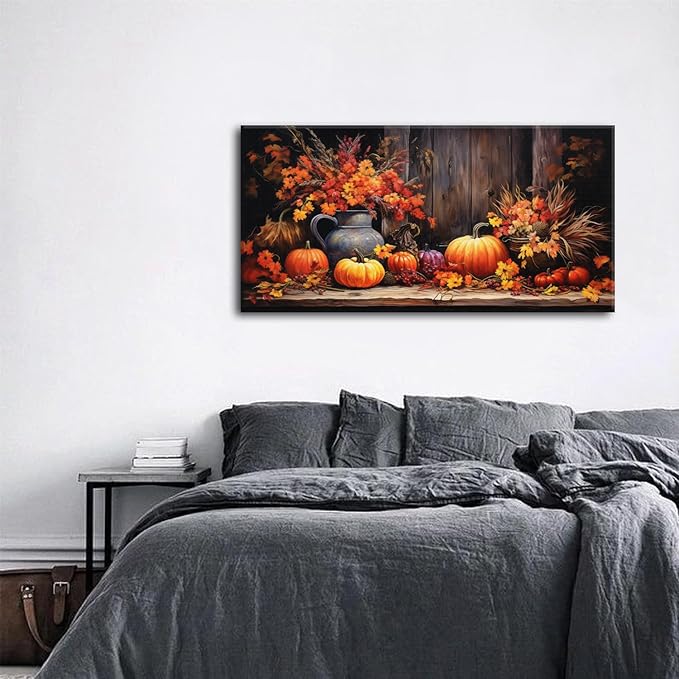 Orange Pumpkin Canvas Wall Art Kitchen Wall Decor Farmhouse Dining Room Pictures Halloween Painting Autumn Flowers Canvas Prints Rustic Fall Harvest Theme Posters Artwork Home Decorations 20x40"