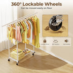 Double Rods Clothes Rack, Rolling Clothing Rack for Hanging Clothes Portable Wardrobe Rack, Metal Garment Rack Sturdy Coat Rack for Bedroom Laundry Living Room, White