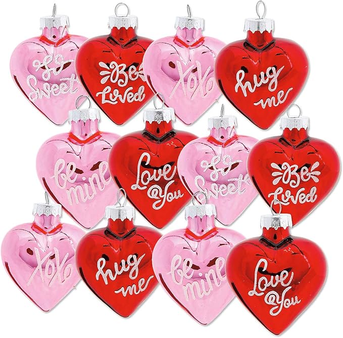 Lillian Vernon Glitter Words Blown Glass Valentine’s Day Ornaments - Handcrafted Hanging Tree Decorations, Heart Glitter Words Holiday & Party Decor, 2.5 in, Pink & Red, 12-Piece Set
