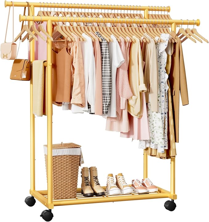 Metal Clothes Rack - Double Rod Clothing Rack with Fixed Design and Rolling Wheels, Coat Rack with Built-In Shelf for Closet Organizers and Storage (38.5" x 16.9" x 59.0", Gold)