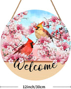 Welcome Spring Summer Cardinal Birds Front Door Sign 12"x12" Pink Blossoming Flower Floral Wood Door Hanger for Outdoor Outside Porch Decor Farmhouse Seasonal Wreaths for Front Door Wall Hanging Sign